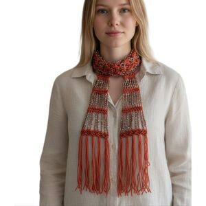 Coral and Silver Beaded Scarf or Belt